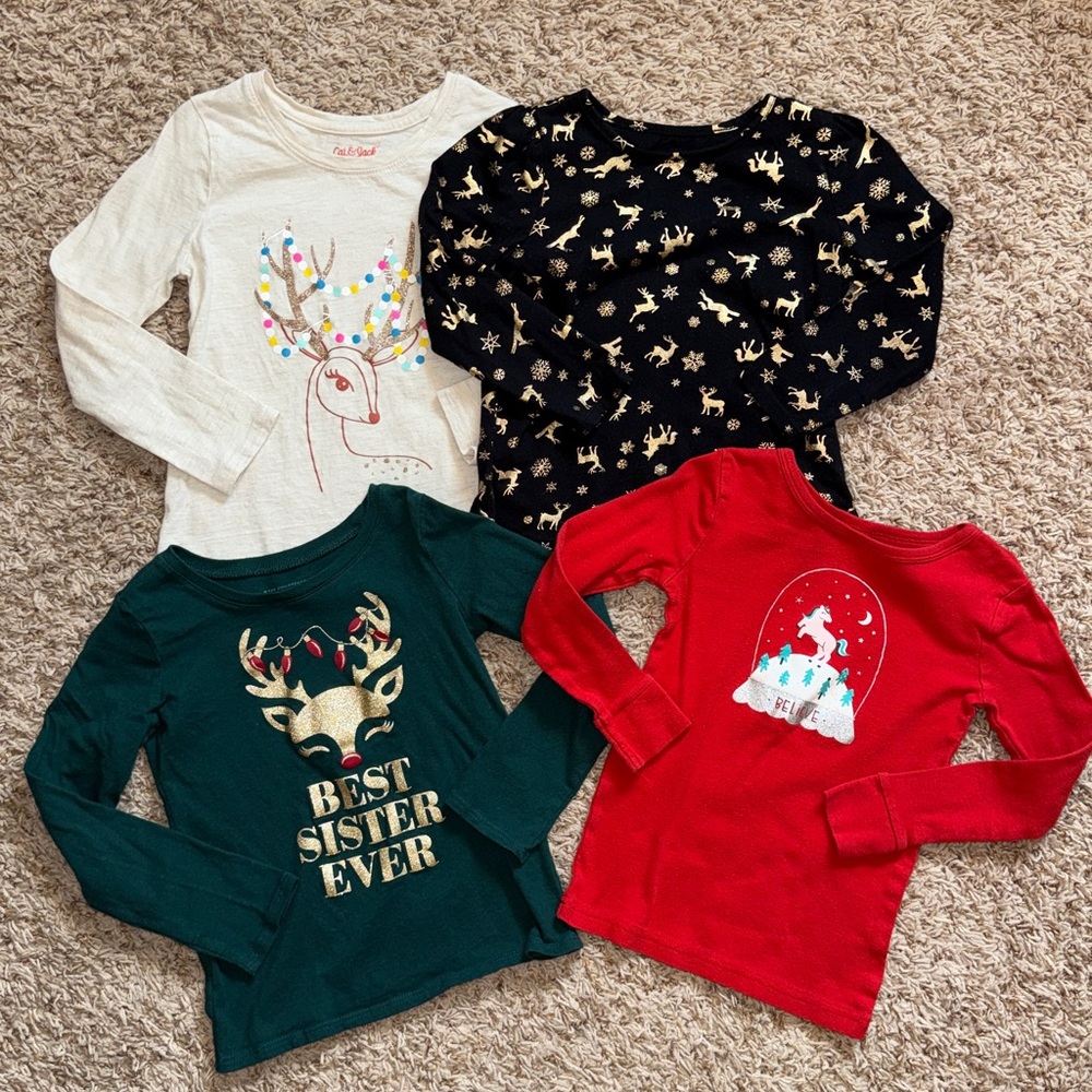 5t girls bundle of 4 long sleeve t-shirts with various Christmas designs.